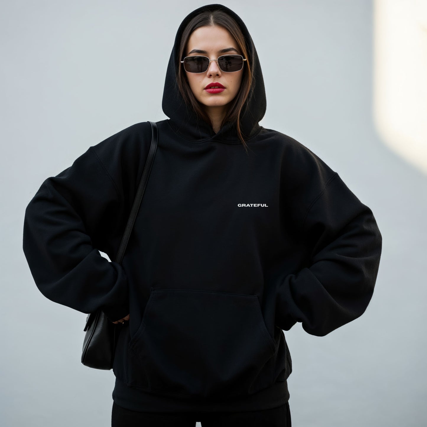 Model wearing black oversized VIKA&EVE GRATEFUL hoodie – minimalist unisex design for who we strive to be.